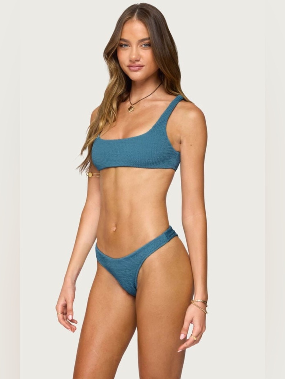Women's Smocked Textured Teal Bikini Set - Stretch Two-Piece Swimwear